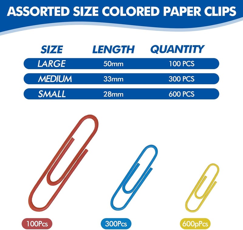 BainGesk 1000 Paper Clips Assorted Sizes, Large, Medium, and Small Colored Paper Clips, Durable, Rustproof, Great for Office Supplies, School, Home Organization(50mm, 33mm, 28mm) - Image 2